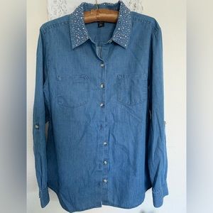 Style & Co. Long Sleeve, Button Down Denim Shirt With Bling On Collar, Size M